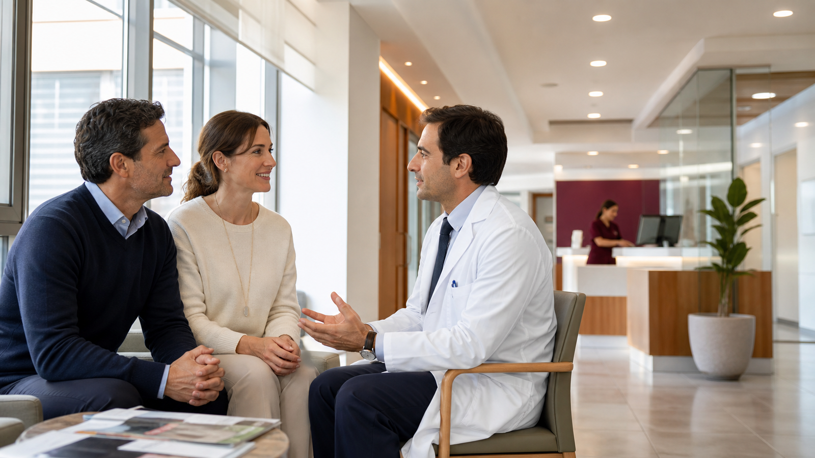 Doctor conversando con una pareja en una clínica privada moderna