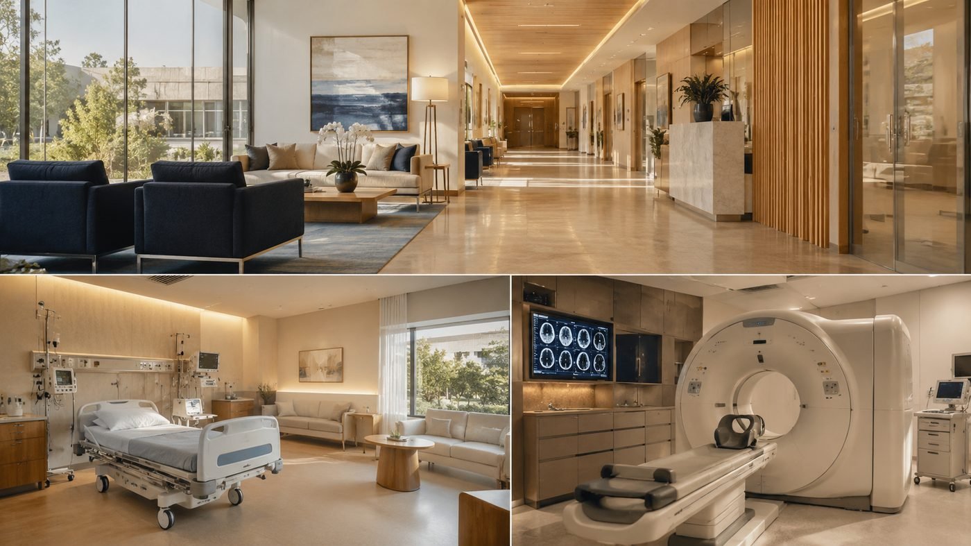 Interiores de clinicas premium: lobby, sala de hospitalizacion y resonador magnetico
