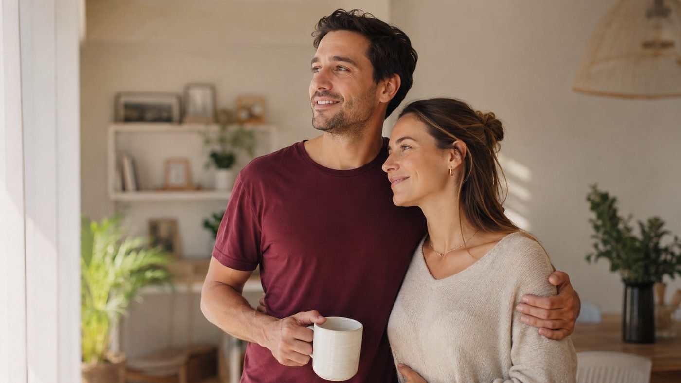 Pareja joven en casa, tranquila y protegida con su plan de salud